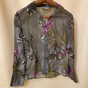 Vtg Gantos Sheer Gray Floral Velvet Burnout Blouse Fairycore Whimsy Y2K Sz S/M